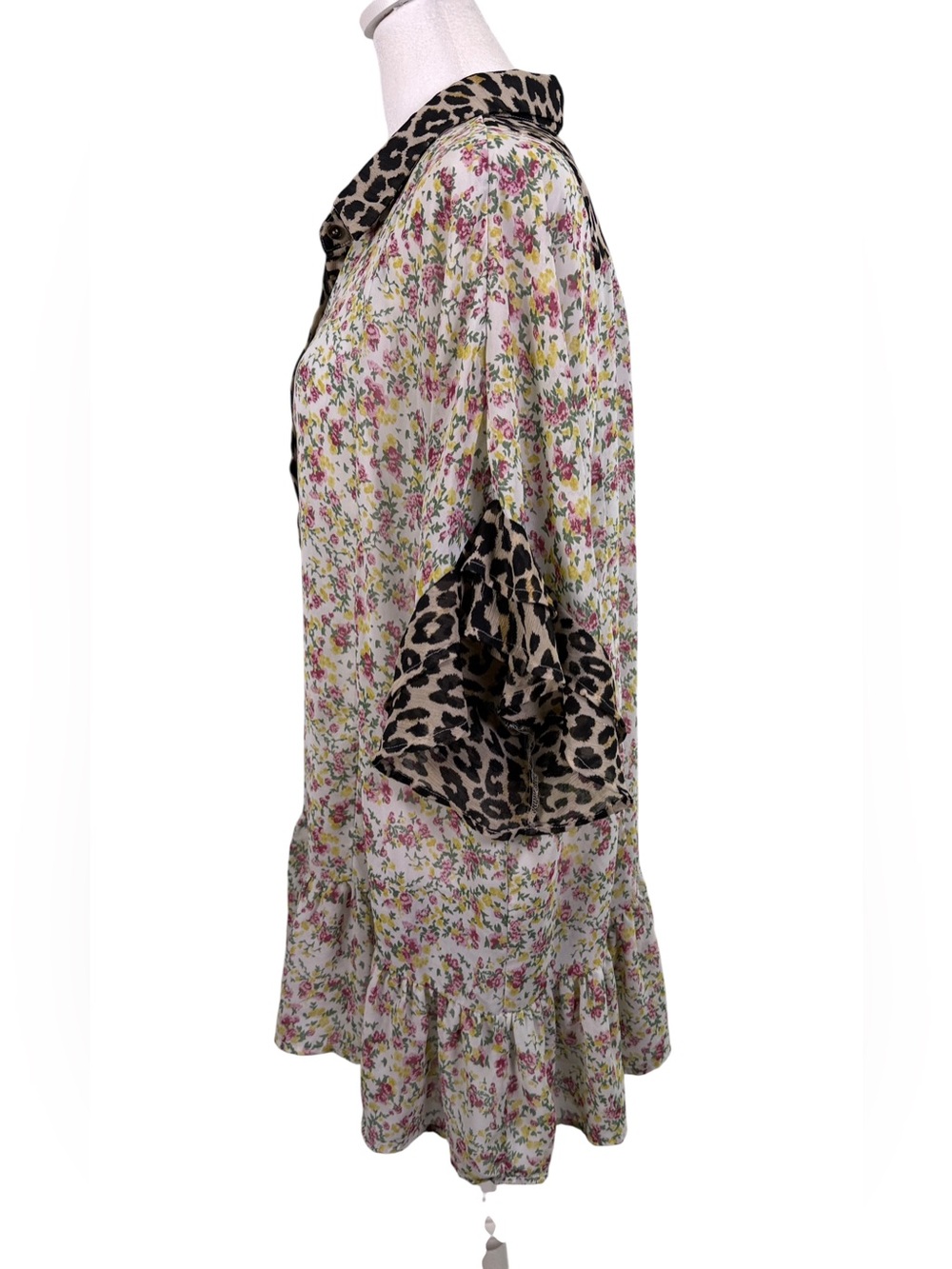 Umgee Floral Leopard Print Sheer Ruffle Hem Button Tunic Top L - Picture 7 of 10